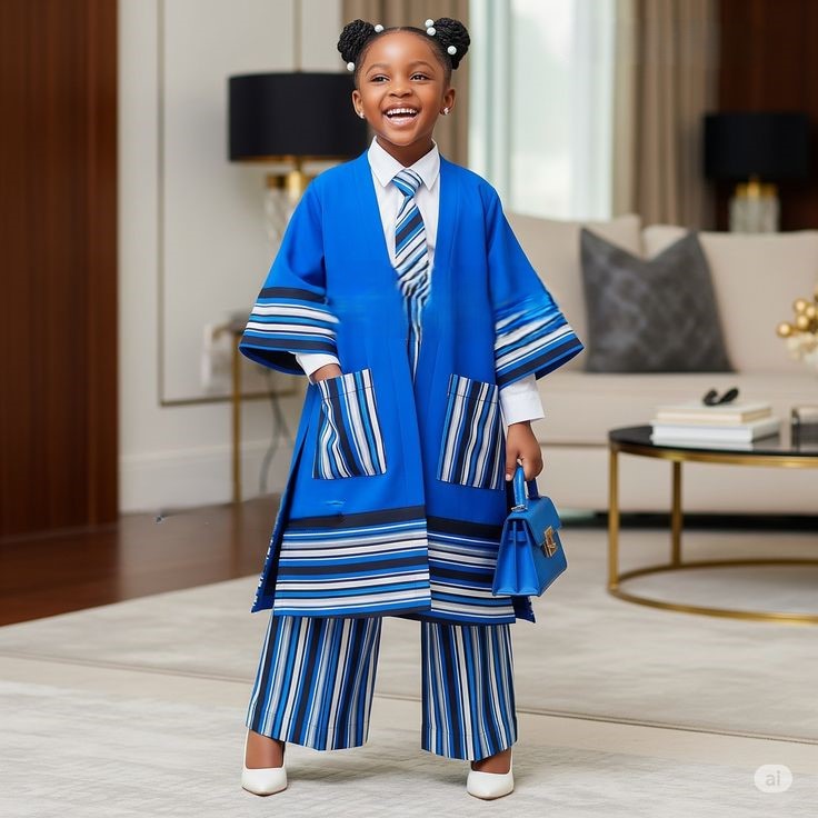 A child dressed in a gorgeous asooke outfit
